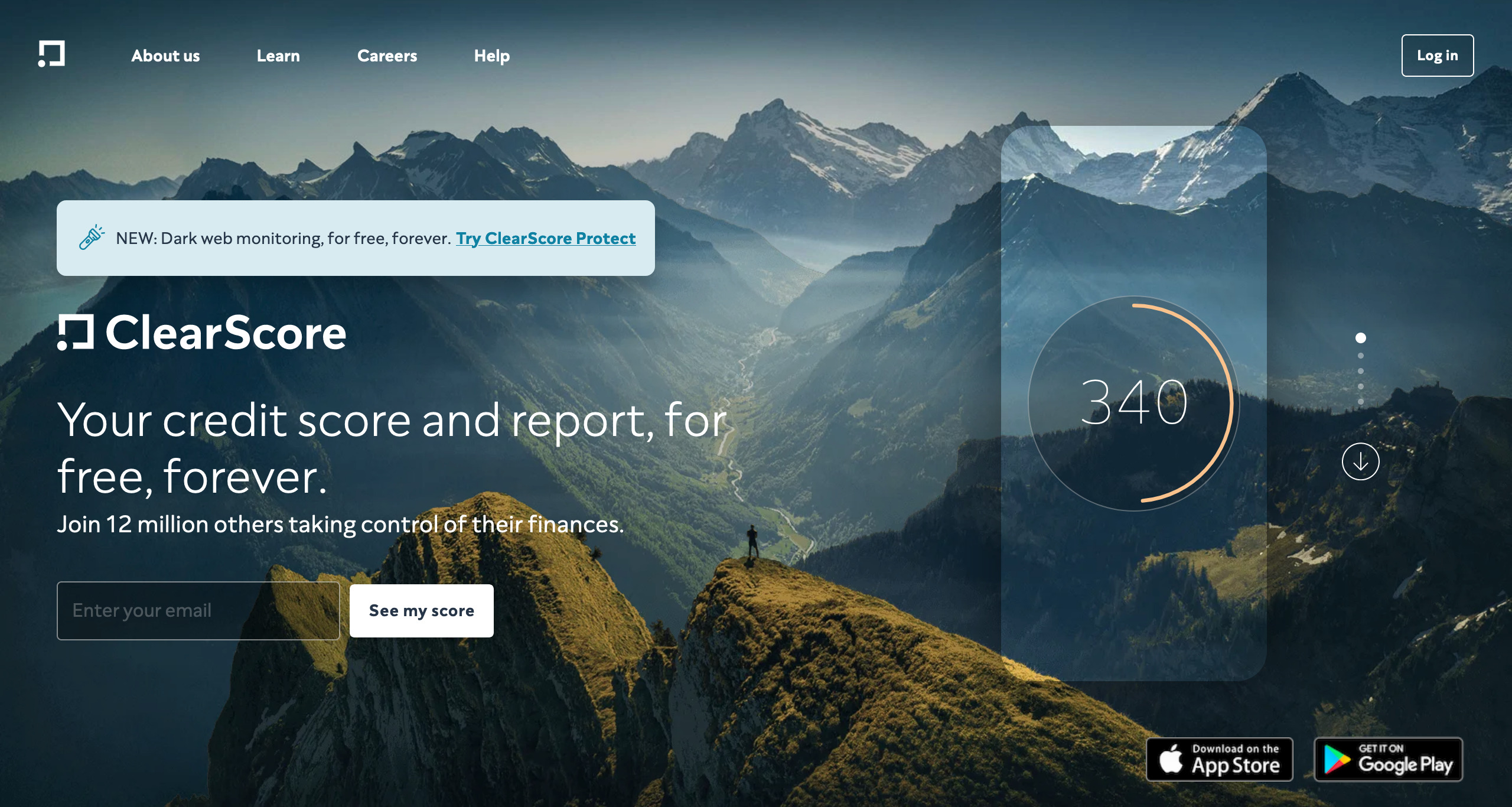 Screenshot of the ClearScore landing page