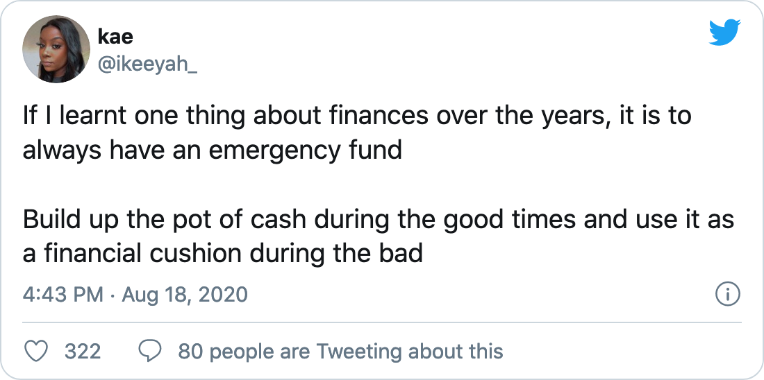 tweet from kae about emergency funds