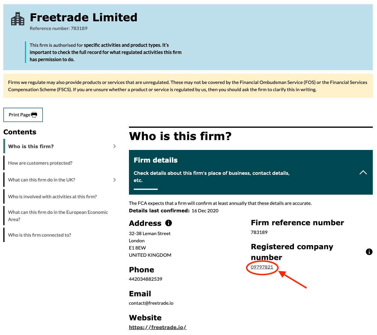 Screenshot of Freetrade’s entry in the FCA register