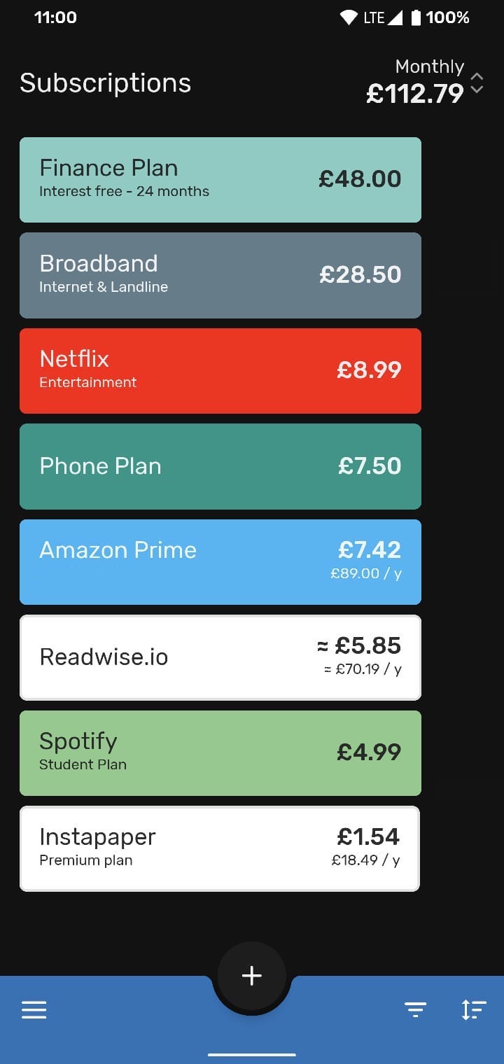 Screenshot of the Subscriptions Android app showing a few listed subscriptions