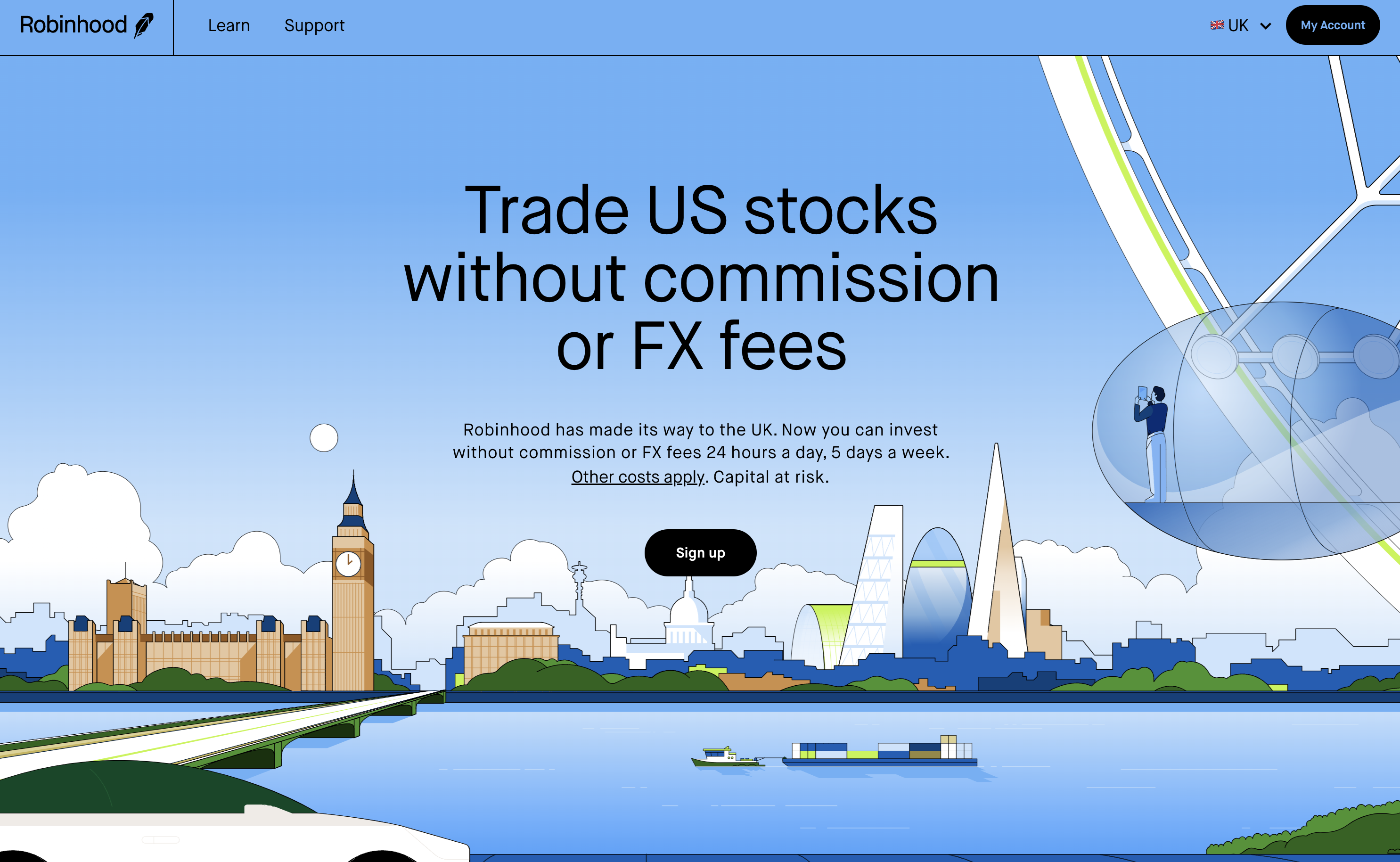 Robinhood UK website, hero section